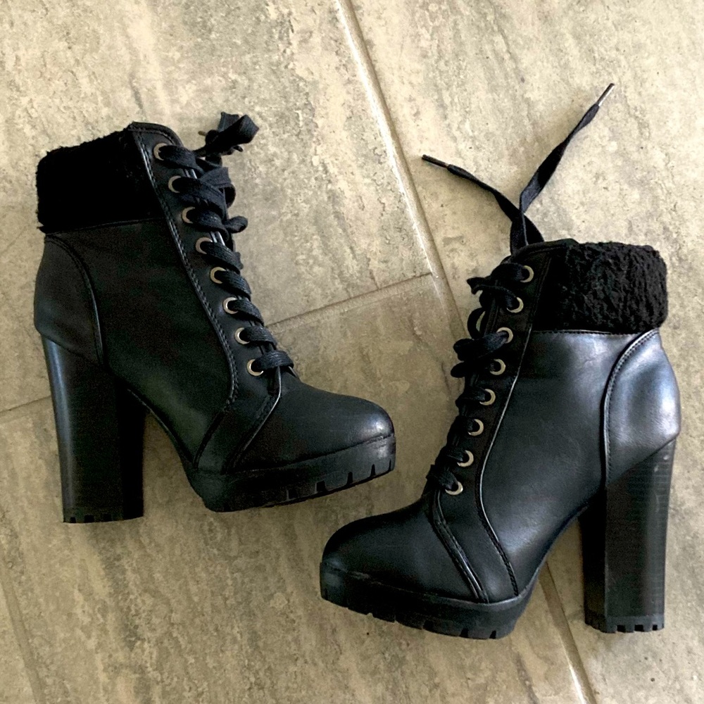 Women’s Black Boots size 7.5 Black wool on top 3 inches. 4 1/2 inch heel
